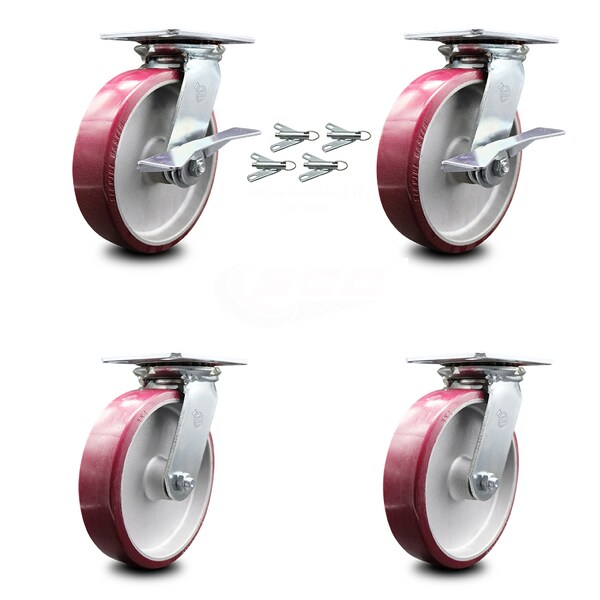 Service Caster 8 Inch Poly on Aluminum Caster Set with Roller Bearing 4 Swivel Lock and 2 Brake SCC-35S820-PAR-SLB-BSL-2-BSL-2 - main